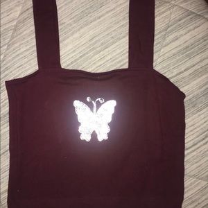 Maroon butterfly rhinestone crop top/ tank top